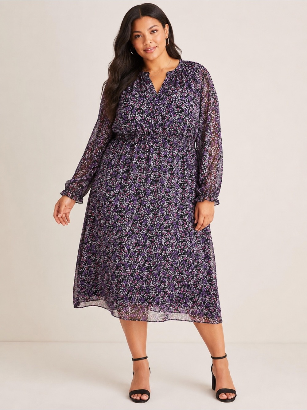 Lane Bryant Floral Chiffon Midi Dress Size 22 Purple Pink Boho Cottagecore